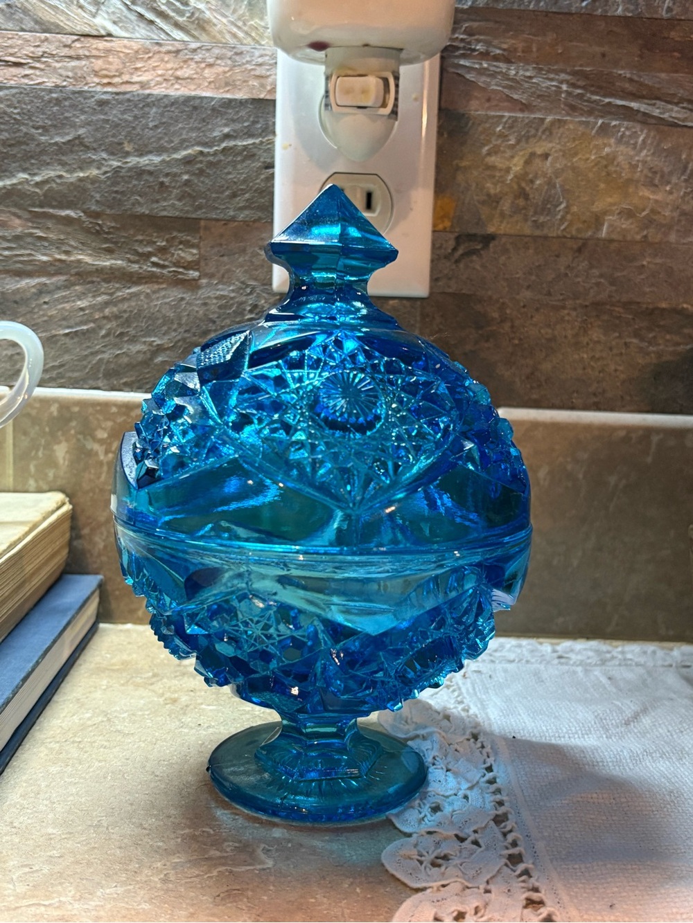 Kemple Glass Aqua Blue Hobstar & Fan Round Pedestal Compote Candy Dish w/ Lid